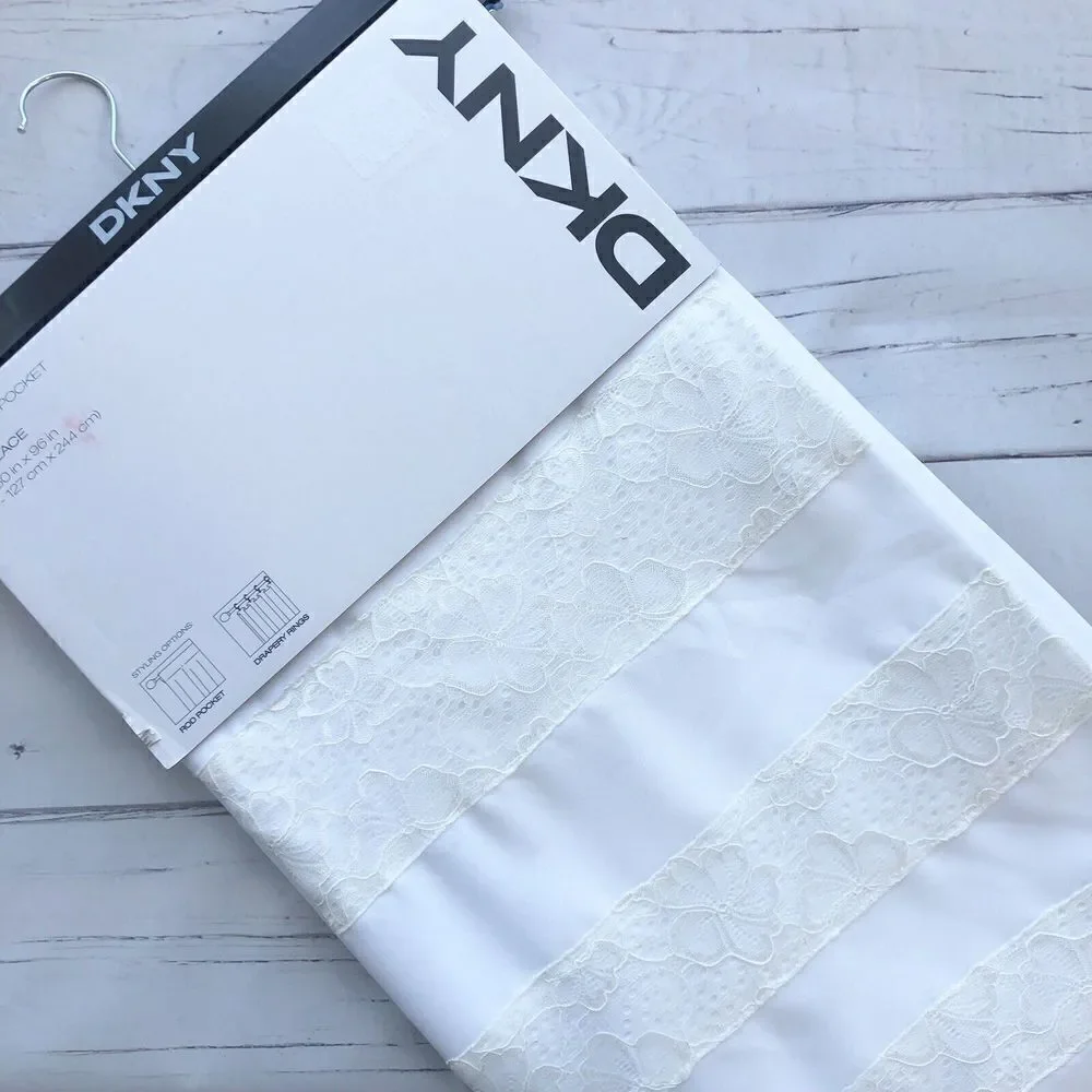 DKNY 2 Window Panels Curtains White Rod Pocket 50x96 City Lace Trim Drapes New